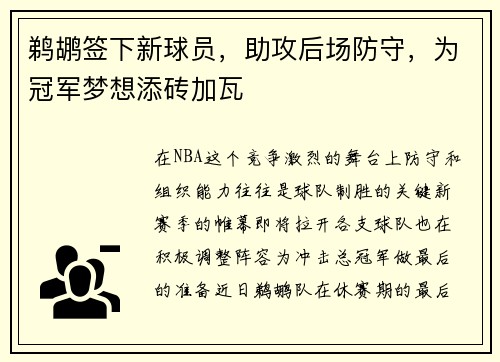鹈鹕签下新球员，助攻后场防守，为冠军梦想添砖加瓦