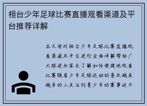 桓台少年足球比赛直播观看渠道及平台推荐详解